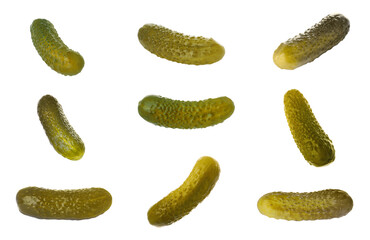 Set with tasty pickled cucumbers on white background