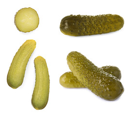 Set with tasty pickled cucumbers on white background