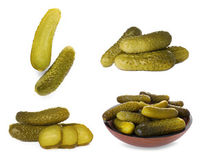 Set with tasty pickled cucumbers on white background