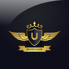 Luxury royal wing Letter U crest Gold colour, Victory logo, crest logo, wing logo, vector logo template