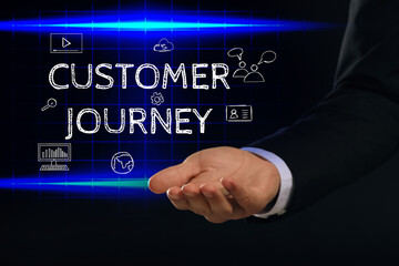 Customer journey concept. Man demonstration phrase and different icons on virtual screen against dark background, closeup