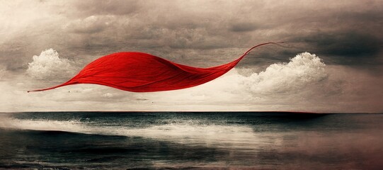 Bizarre minimalist seascape, cold waves of nothingness with vast horizon of empty loneliness, odd surreal encircling silk fabric folds - bloody rage red and captive ice blue contrast.