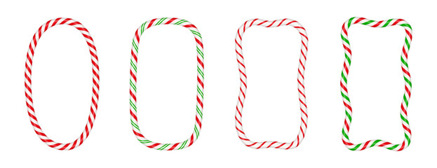 Christmas candy cane vertical frame with red and white stripe. Xmas border with striped candy lollipop pattern. Blank christmas and new year template. Vector illustration isolated on white background.