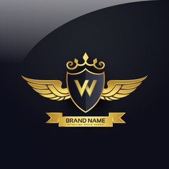 Luxury royal wing Letter W crest Gold colour, Victory logo, crest logo, wing logo, vector logo template