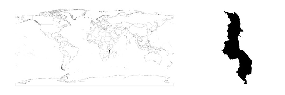 Vector Malawi map showing country location on world map and solid map for Malawi on white background. File is suitable for digital editing and prints of all sizes.