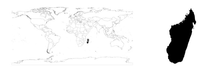 Vector Madagascar map showing country location on world map and solid map for Madagascar on white background. File is suitable for digital editing and prints of all sizes.