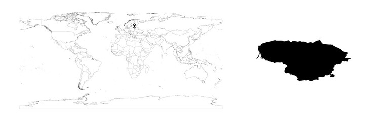 Obraz premium Vector Lithuania map showing country location on world map and solid map for Lithuania on white background. File is suitable for digital editing and prints of all sizes.