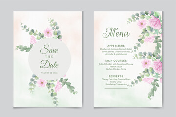 Fototapeta na wymiar Watercolor vector set wedding invitation card template design with green eucalyptus leaves and flowers.
