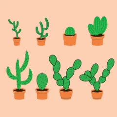 Foto op Plexiglas Cactus in pot    Cactus plants set of desert among sand and rocks. Realistic vector illustration isolated on background. Collection of exotic plants. Decorative natural elements are. Vector set of bright cacti, alo