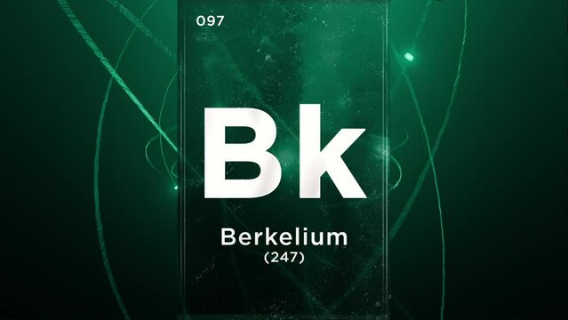 Berkelium (Bk) symbol chemical element of the periodic table, 3D animation on atom design background