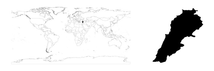 Vector Lebanon map showing country location on world map and solid map for Lebanon on white background. File is suitable for digital editing and prints of all sizes.