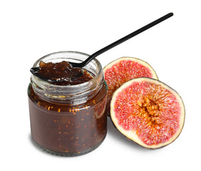 Glass jar of tasty sweet fig jam and spoon isolated on white