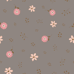 Floral vintage vector seamless pattern, boho flowers, brown nature background, pink flowers, retro botanical, great for fabric, textile, wallpaper and stationary 