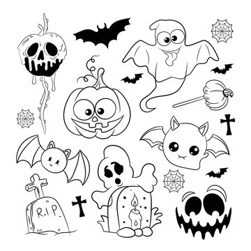 Halloween. Pumpkin. Skull. Ghosts. Rat. Spaider. Set of vector hand drawn illustrations.
