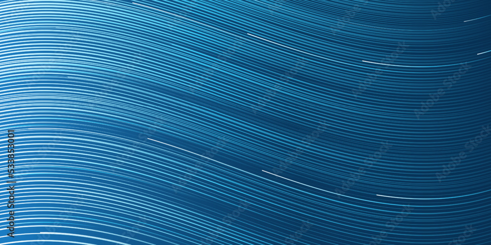 Poster dark blue and white moving, flowing stream of particles in curving, wavy lines - digitally generated