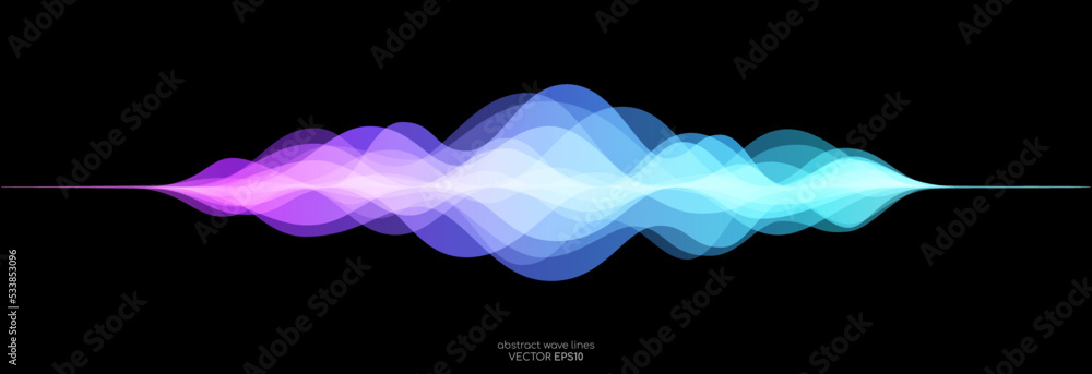Poster abstract motion sound wave equalizer colorful gradient purple blue isolated on black background. vec
