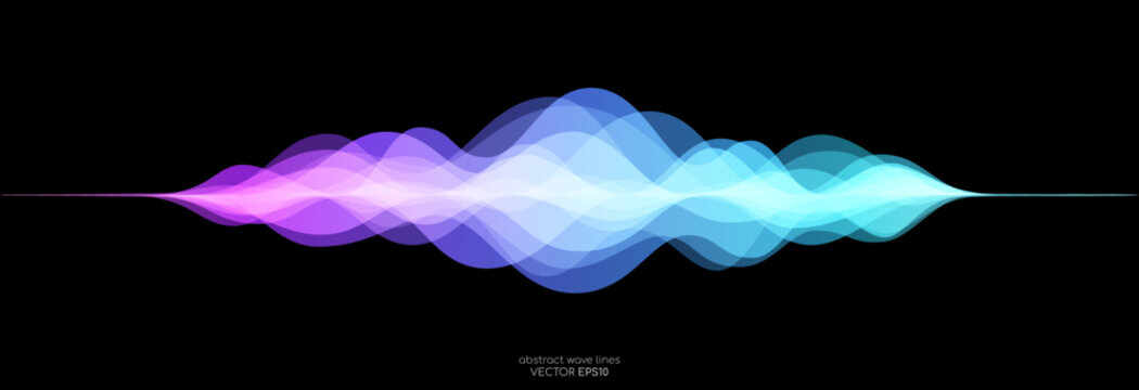 Abstract motion sound wave equalizer colorful gradient purple blue isolated on black background. Vector illustration in concept of sound, voice, music
