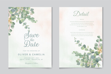 Watercolor vector set wedding invitation card template design with green eucalyptus leaves and flowers.