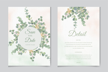 Fototapeta na wymiar Watercolor vector set wedding invitation card template design with green eucalyptus leaves and flowers.