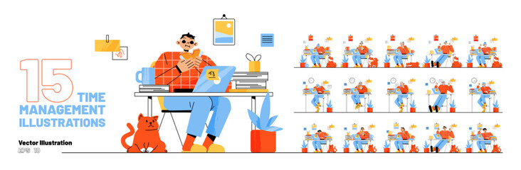 Set office worker time management, emotions and activities. Man and woman sitting at desk work on laptop, eating lunch, sleeping, manager expression and lifestyle, Linear flat vector illustration