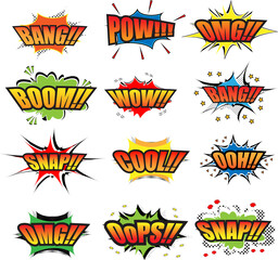 Fototapeta Comic collection colored sound effects words pop art vector style. Set comic bubble speech word comic cartoon expression illustration. Lettering phrase. obraz