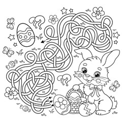 Maze or Labyrinth Game. Puzzle. Tangled road.Coloring Page Outline Of cartoon cute Easter bunny with eggs and sweets. Coloring Book for kids.