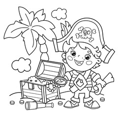 Coloring Page Outline Of Cartoon pirate with chest of treasure. Island of treasure. Coloring book for kids.