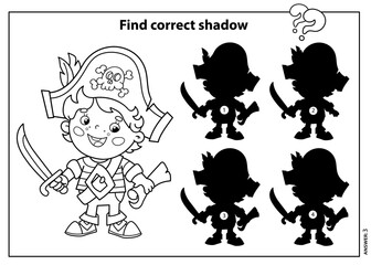 Puzzle Game for kids. Find correct shadow. Coloring Page Outline Of Cartoon pirate with saber and with map of treasure. Coloring book for children.