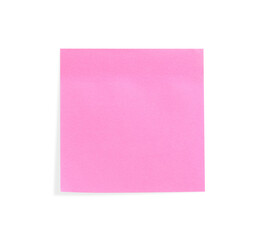 Blank pink sticky note on white background, top view