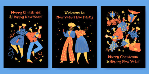 Merry Christmas and Happy New Year greeting card collection, New Year party invitation with funny characters dancing and drinking sparkling wine and decorations.