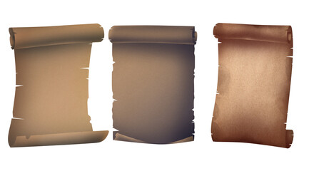 Old parchment scrolls on white background, illustration. Banner design