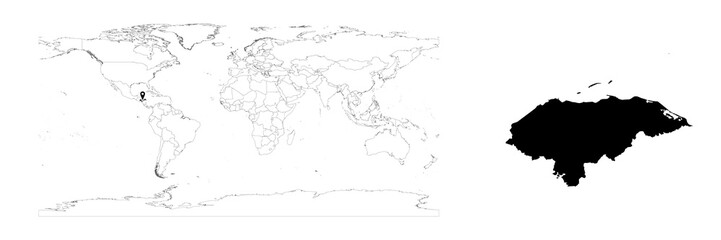 Vector Honduras map showing country location on world map and solid map for Honduras on white background. File is suitable for digital editing and prints of all sizes.