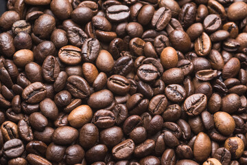 Coffee beans background wallpaper, top view flat lay
