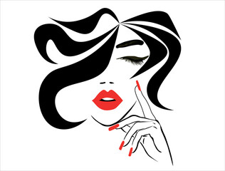 face, red lips, hand with red manicure nails. Hair style vector. Outline face with red lips and nails. Beautiful girl with long hair