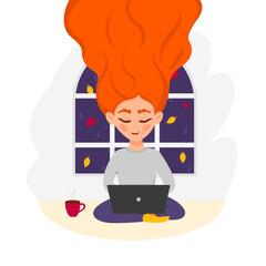 Redhead woman is drinking a cup of tea or coffee and working on laptop by window with autumn leaves. Fall season lifestyle. Flat vector illustration.