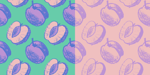 Vector Prune pattern seamless for vegan banner, diary backdrop. Hand drawn plum background. Wallpaper for baby food packaging, juice label design. Violet French plum pattern for organic jam package.