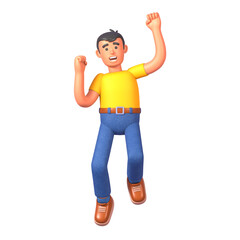 3d render of young man in casual outfit celebrating, jumping in joy