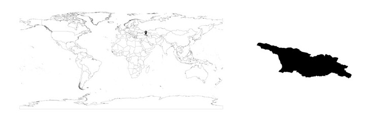 Vector Georgia map showing country location on world map and solid map for Georgia on white background. File is suitable for digital editing and prints of all sizes.