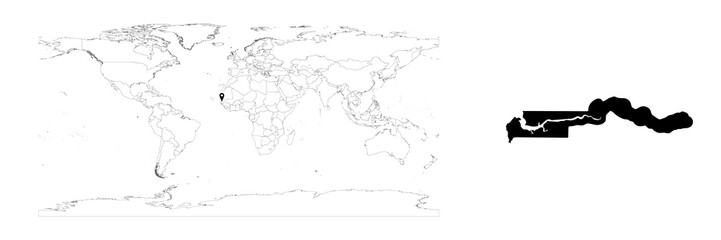Vector Gambia map showing country location on world map and solid map for Gambia on white background. File is suitable for digital editing and prints of all sizes.