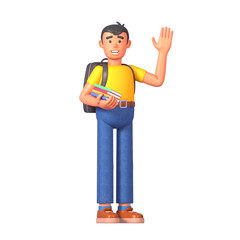 3d render of young man or student in casual outfit with backpack holding books and waving hand, greeting