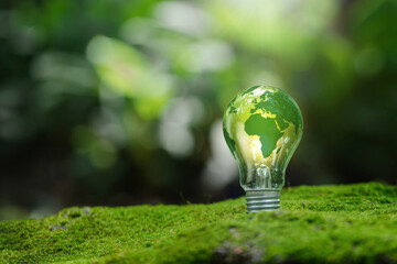 Renewable Energy.Environmental protection, renewable, sustainable energy sources. Green world map on the light bulb on green background .green energy. Renewable energy is important to the world - obrazy, fototapety, plakaty