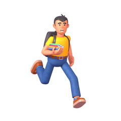 3d render of young man or student in casual outfit with backpack holding books and running
