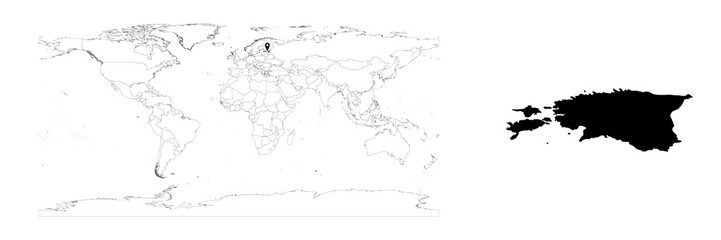 Vector Estonia map showing country location on world map and solid map for Estonia on white background. File is suitable for digital editing and prints of all sizes.
