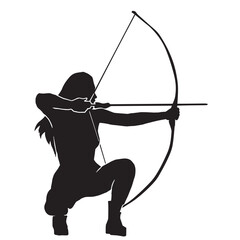 Archer Silhouette, Female Warrior Character Design. Silhouette girl archer in a dynamic style and pulls an arrow ready to shoot, Amazon female warrior, leather armor.
