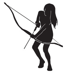 Archer Silhouette, Female Warrior Character Design. Silhouette girl archer in a dynamic style and pulls an arrow ready to shoot, Amazon female warrior, leather armor.