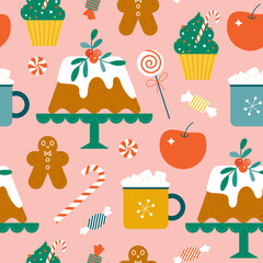 Christmas sweet food seamless pattern on pink background. Cute flat candies, cakes, cookies, drinks. Perfect retro print for fabric, wrapping paper or cover.