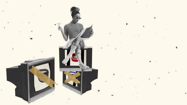 Stop motion animation. African stulish woman sitting on retro tv set and reading magazine isolated over light background. Concept of mass media influence, propaganda