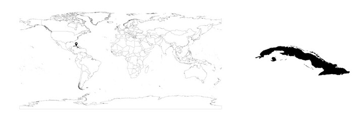 Vector Cuba map showing country location on world map and solid map for Cuba on white background. File is suitable for digital editing and prints of all sizes.