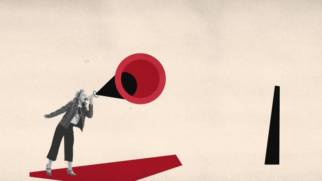Young girl in retro style outfit shouting at megaphone isolated on light background. Contemporary art collage. Inspiration, idea, trendy.
