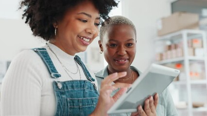 Business, black women and digital tablet for creative plan, strategy and teamwork meeting in the office. Happy, b2b and corporate marketing professional using technology while talking and planning